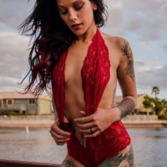 Red Lace Halter OnePiece Intimate Bodysuit Teddy - Picture 2 of 4